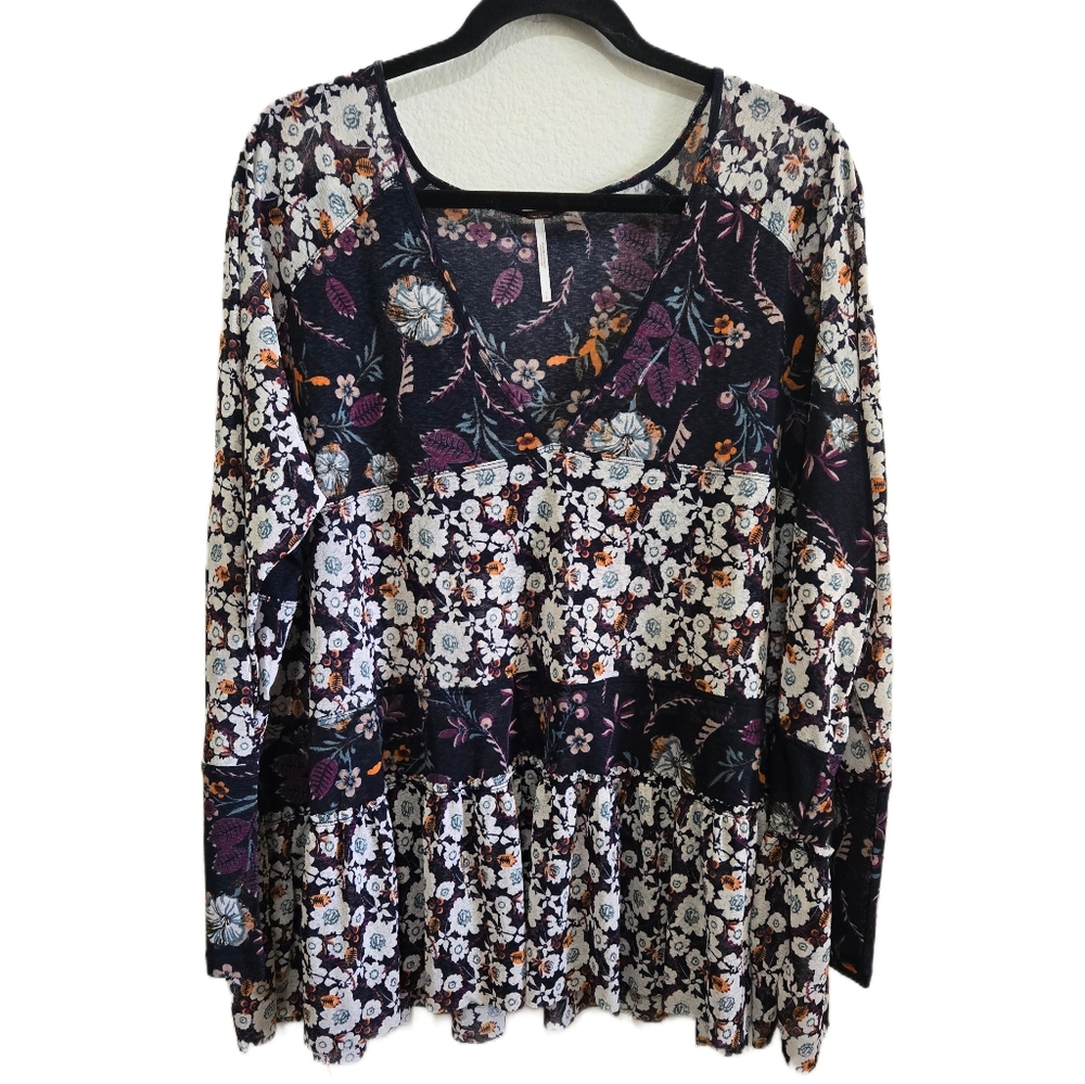 FREE PEOPLE Isabelle Swing Tunic Top Sheer Floral Multicolor Oversized Small